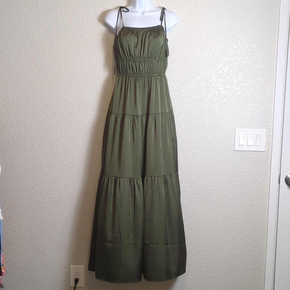 Express olive green satin sleeveless shoulder tie tiered maxi dress